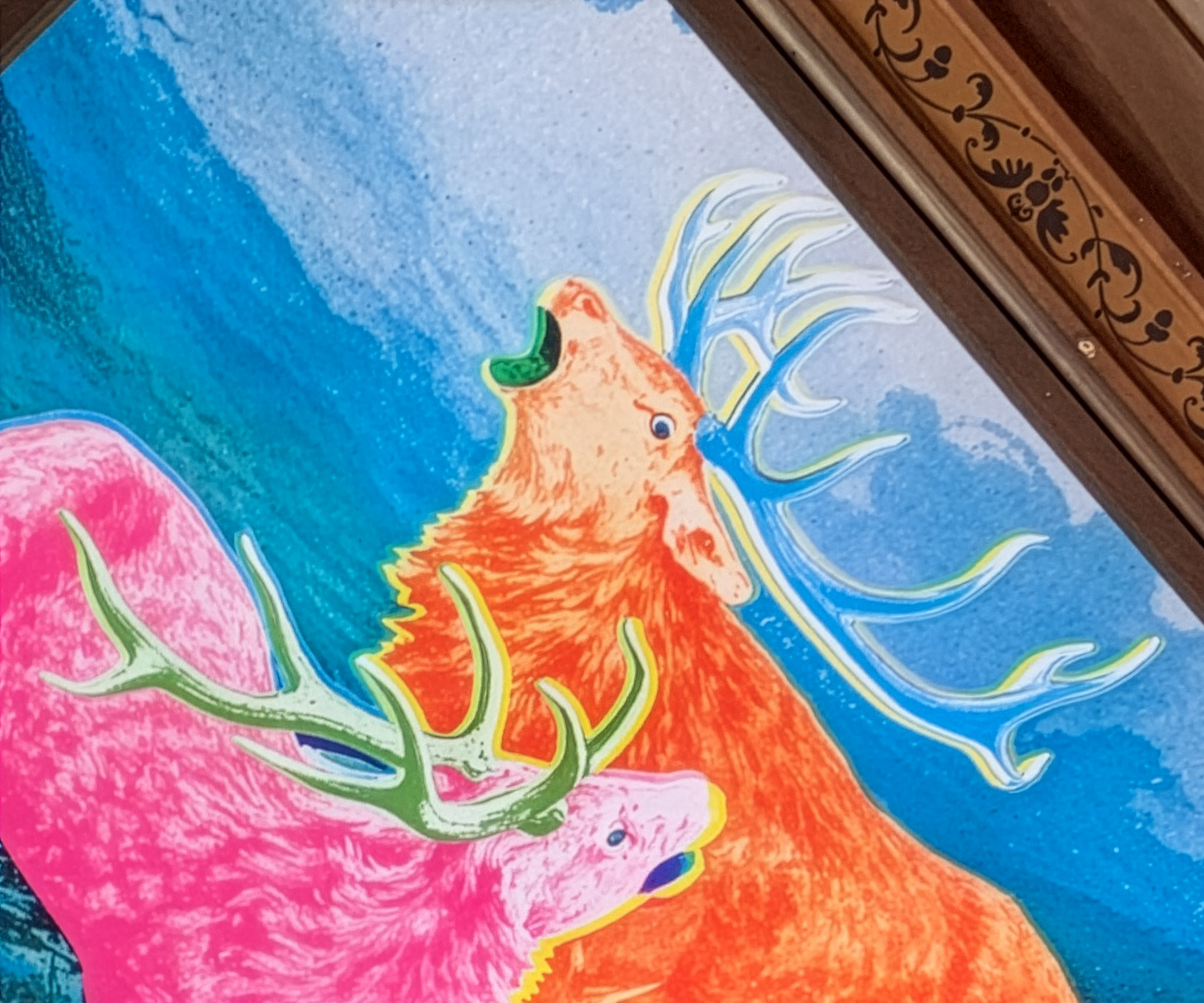 Close detail of the interacting stag heads and antlers