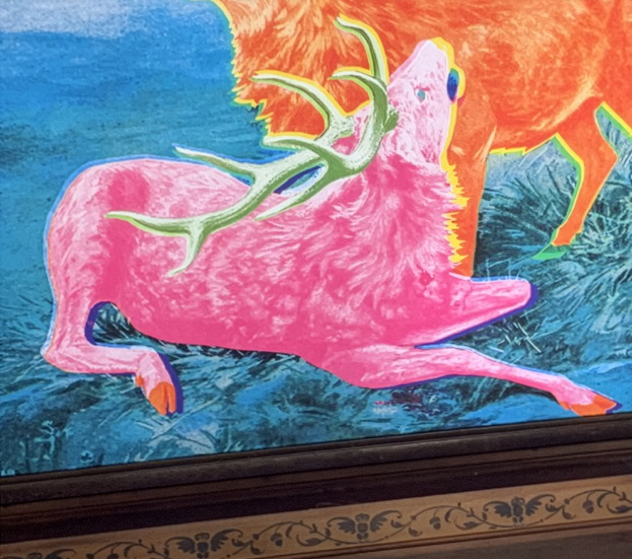Close detail of the reclining pink stag in the Funky Hunting artwork